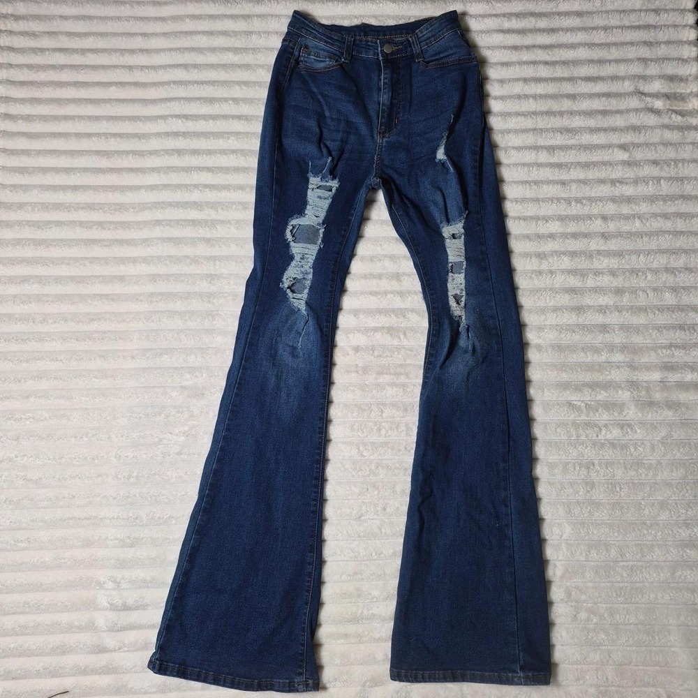 SHEIN SXY High Waisted Distressed Flare Jeans Blue Ripped‎ Bell Bottoms W27 L32